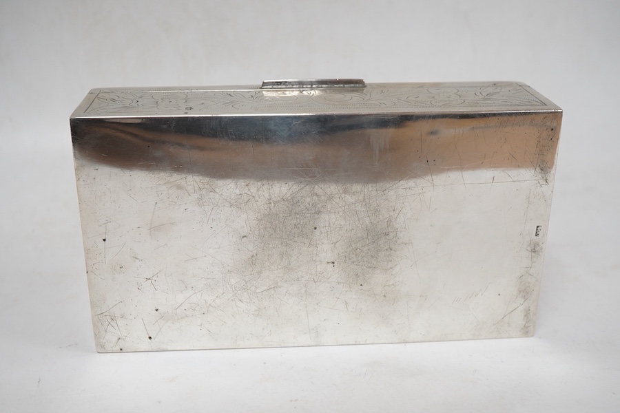 A continental 900 standard white metal mounted rectangular cigarette box, with engraved foliate decoration, 17.6cm.